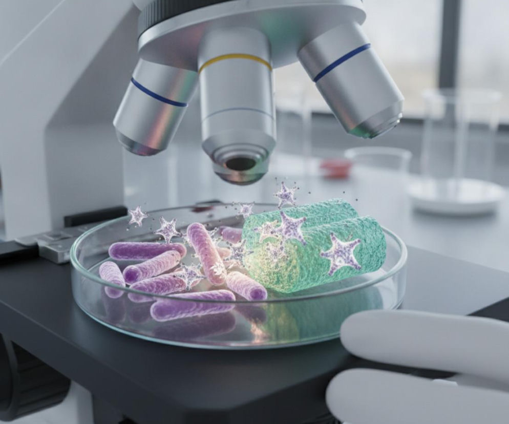 Mikroskop laboratoryjny z szalką Petriego, na której znajdują się bakterie E. coli i Shigella oraz gwiazdkowate patogeny atakujące zielone bakterie, symbolizujące odkrycie słabego punktu groźnych patogenów jelitowych, o którym przeczytasz na Poradniku Zdrowie.