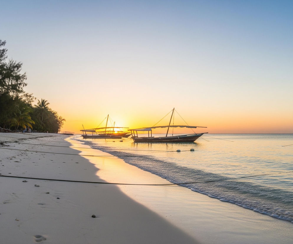 Błękitno-pomarańczowe niebo dominuje nad spokojnym morzem, gdzie zachodzące słońce tworzy długie, złote refleksy na wodzie. Na horyzoncie widoczne są trzy ciemne sylwetki łodzi z żaglami lub konstrukcjami przypominającymi żagle, z których jedna, najbliżej prawego brzegu, wydaje się mieć płaską platformę. Biała piaszczysta plaża rozciąga się wzdłuż lewej części kadru, z delikatnymi falami obmywającymi jej brzeg, a na piasku widoczne są ślady stóp i ciemne glony oraz leżące liny. W tle, po lewej stronie, rozciąga się ciemnozielona linia roślinności i drzew, stanowiąca tło dla sceny.