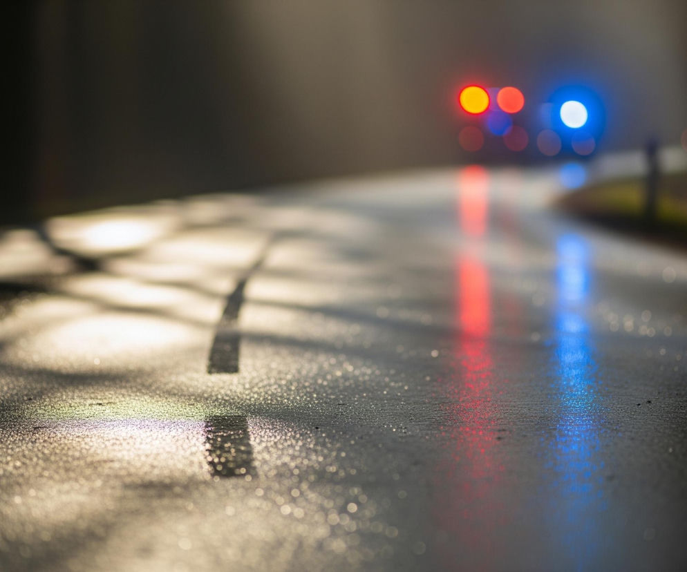 Na pierwszym planie widoczna jest mokra, ciemna nawierzchnia asfaltowej drogi, pokryta licznymi drobnymi kroplami wody, odbijającymi światło. Biegnie przez nią pojedyncza, przerywana, biała linia. W dali, na drodze, która zakręca w prawo, zza mgły lub zamglenia, wyłaniają się rozmyte światła: dwa czerwone i jedno jasnoniebieskie, wraz z ich rozświetlonymi odbiciami na mokrej powierzchni. Po lewej stronie drogi widoczne są cienie drzew rzucane przez jasne światło, natomiast po prawej zarys niewyraźnej zielonkawo-brązowej roślinności.