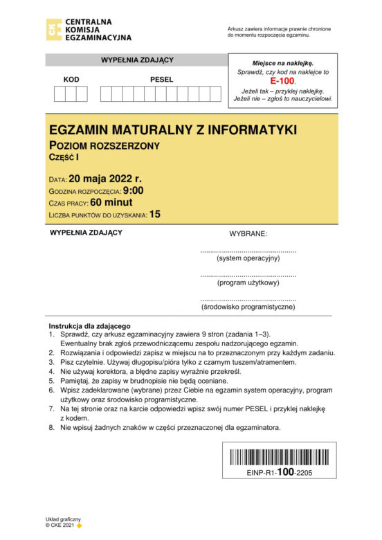 Matura 2022. Arkusz CKE - informatyka na poziomie rozszerzonym