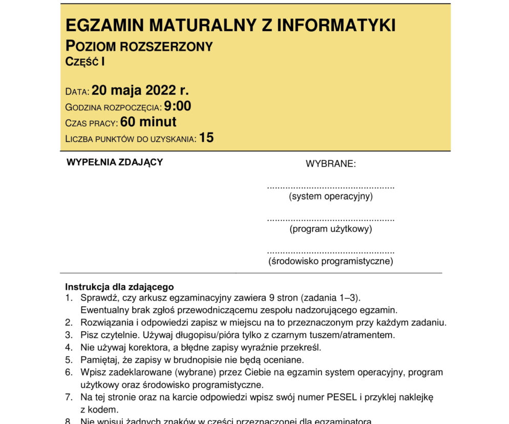 Matura 2022. Arkusz CKE - informatyka na poziomie rozszerzonym