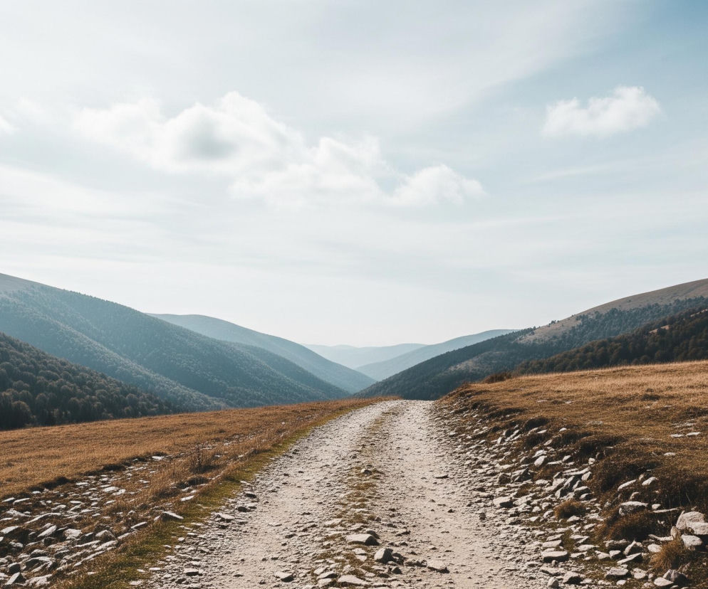 Kamienista droga gruntowa biegnie przez środek kadru, prowadząc wzrok w kierunku horyzontu. Po obu stronach drogi rozciągają się stoki pokryte suchą, brązową trawą, z pojedynczymi kępami zieleni. W tle wznoszą się liczne pasma gór, tworząc warstwowy krajobraz, gdzie bliższe zbocza są częściowo zalesione ciemnymi drzewami, a dalsze góry stopniowo bledną w odcieniach błękitu i szarości. Nad wszystkim rozpościera się jasne, błękitne niebo z rozproszonymi białymi chmurami.