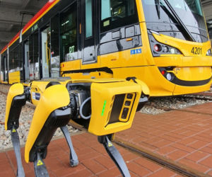 Pies-robot odwiedził tramwajarzy. Niecodzienny gość w zajezdni na Bielanach