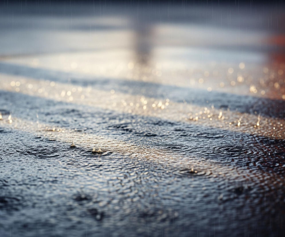 Krople deszczu spadają na ciemną, wilgotną powierzchnię, tworząc liczne kręgi na wodzie. W dolnej części obrazu dominują ciemniejsze, niebiesko-szare odcienie wody, a w górnej części, po prawej stronie, widać rozmyte, ciepłe, pomarańczowo-brązowe barwy odbitego światła. Po lewej stronie górnej części kadru widoczny jest rozmyty, czarny kształt przypominający słupek lub filar, a promienie światła tworzą jasne pasma na mokrej nawierzchni, przechodząc przez krople deszczu.