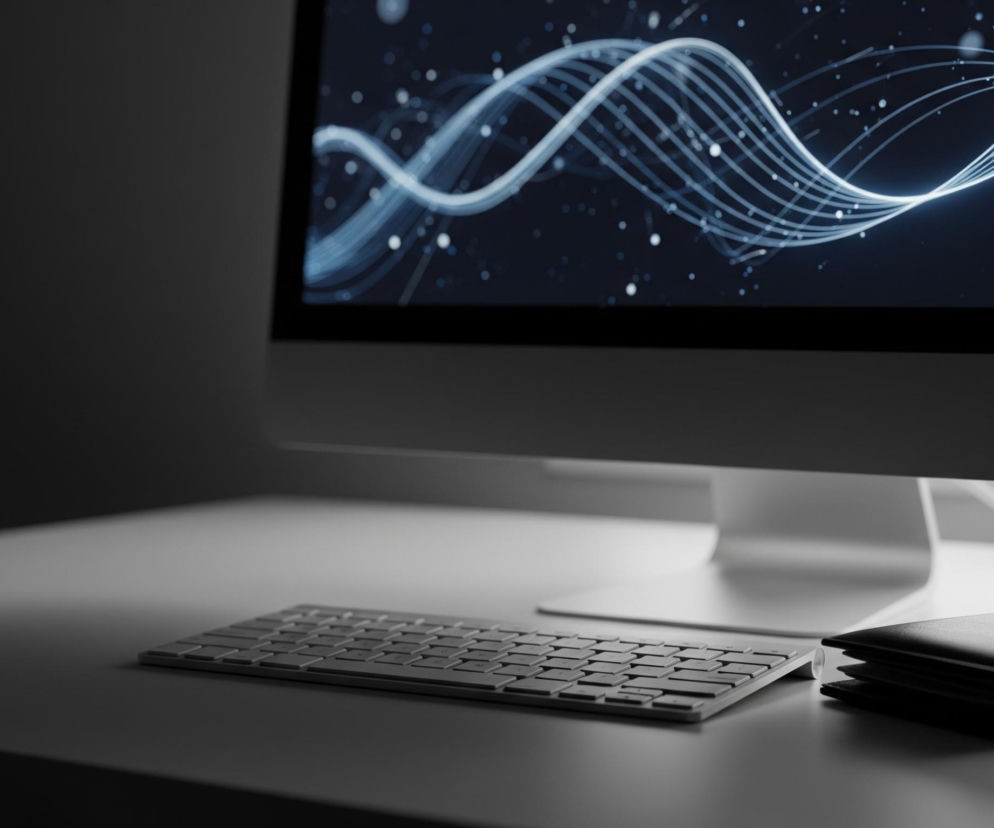 Monitor komputera z ciemnym ekranem, na którym wyświetlany jest abstrakcyjny, świecący niebiesko-biały wzór przypominający fale lub linie danych. Po prawej stronie monitora znajduje się biała klawiatura i czarny portfel leżące na jasnoszarym blacie biurka. Reszta otoczenia jest ciemna, z delikatnym gradientem światła na biurku.