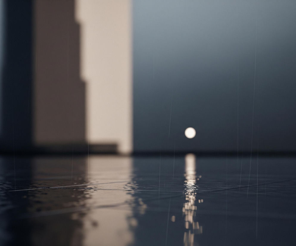 Na pierwszym planie widoczna jest mokra, ciemna powierzchnia z widocznymi fugami, pokryta licznymi kroplami wody, z wyraźnymi refleksami świetlnymi. W oddali, po lewej stronie, rozmyty, jasnobeżowy prostokątny kształt stoi pionowo, rzucając cień. Po prawej stronie horyzontu świeci małe, białe, okrągłe światło, którego blask odbija się na mokrej powierzchni poniżej. Cała scena jest utrzymana w ciemnych, chłodnych barwach, z delikatnie widocznymi, pionowymi liniami sugerującymi padający deszcz.