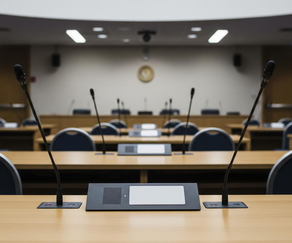 Jasnobrązowy, drewniany stół z dwoma mikrofonami na czarnych podstawkach i prostokątnym panelem z głośnikiem i białym polem dotykowym zajmuje pierwszy plan. Za nim rozciąga się rzędy podobnych stołów z identycznymi panelami i mikrofonami, przy każdym stole stoi krzesło z ciemnoniebieskim obiciem i szarym, zaokrąglonym oparciem. W tle widoczne są jasnoszare ściany i ciemnobrązowe panele ścienne, a u góry pomieszczenia znajduje się rząd świecących, prostokątnych lamp. Okrągły, złocisty zegar jest umieszczony centralnie na tylnej ścianie, a nad nim zamontowano czarną kamerę.