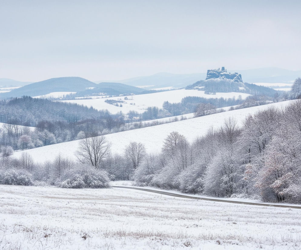 Zimowy krajobraz przedstawia zaśnieżone pola i drzewa pod jasnym, zachmurzonym niebem. Na środku, za pagórkowatym terenem, widać samotne, ciemne ruiny zamku na szczycie wzniesienia. Droga biegnie przez środek zaśnieżonego pola wzdłuż linii drzew po prawej stronie, a dalszy plan wypełniają kolejne, łagodne wzgórza z lasami. Dominują odcienie bieli i błękitu, z elementami brązu w gałęziach drzew.