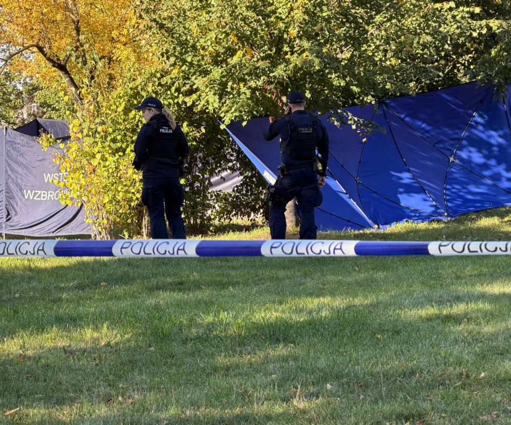 Dwoje policjantów przy niebieskim parawanie w parku. O zwłokach mężczyzny na Ochocie przeczytasz na Eska Warszawa.