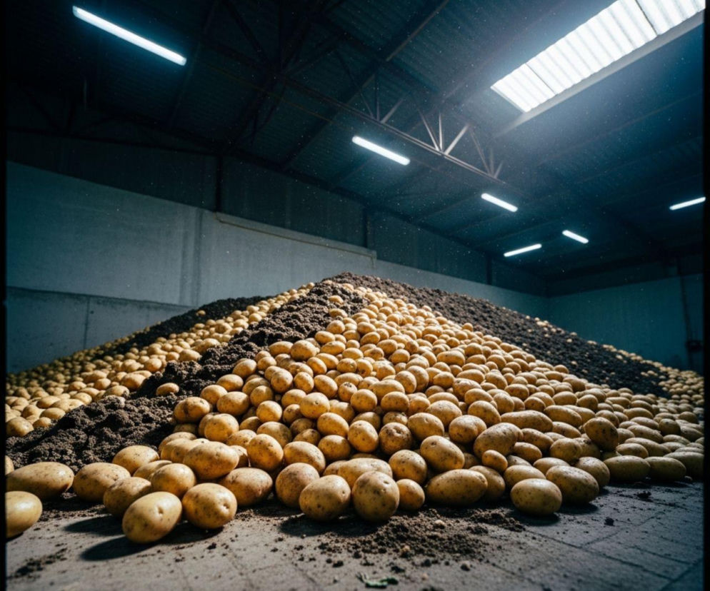 Duża sterta świeżo zebranych ziemniaków leżących na ziemi w ciemnej, przestronnej przechowalni z lampami sufitowymi. Obraz symbolizuje wyzwania związane z przechowywaniem plonów i nadprodukcją, o czym przeczytasz na Super Biznes.