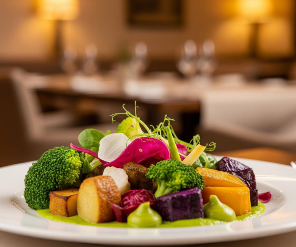 Na białym, okrągłym talerzu ułożona jest kompozycja z różnokolorowych warzyw, otoczona jasnozielonym sosem i małymi kleksami tego samego sosu. Dominują różyczki brokułów, pomarańczowe i fioletowe kawałki warzyw korzeniowych, białe płatki oraz ciemnobordowe liście. W tle widać zamazane wnętrze restauracji z ciepłym oświetleniem, stołami i krzesłami, co sugeruje elegancką atmosferę.
