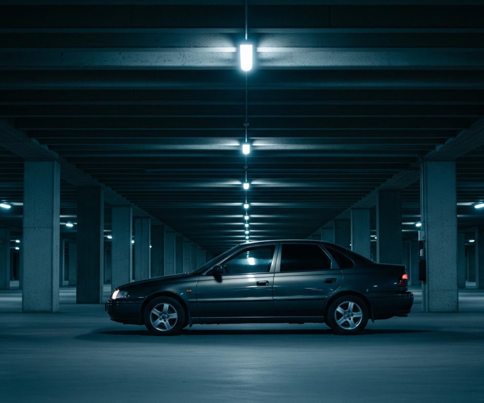 Ciemny samochód osobowy, prawdopodobnie sedan, stojący na betonowym podłożu w dużym, pustym podziemnym parkingu. Pojazd jest ustawiony bokiem, skierowany przodem w lewo, z lekko widocznym, jasnym światłem reflektora przedniego oraz czerwonym światłem tylnym. Sufit i kolumny parkingu są w odcieniach szarości i granatu, a rzędy białych, podłużnych lamp fluorescencyjnych rozciągają się w głąb perspektywy, tworząc smugi światła na ciemnym suficie i podłodze. Kolorystyka jest zdominowana przez chłodne, granatowe i szare tony, z silnymi kontrastami między światłem a cieniem, podkreślającymi industrialny i nieco tajemniczy charakter sceny.