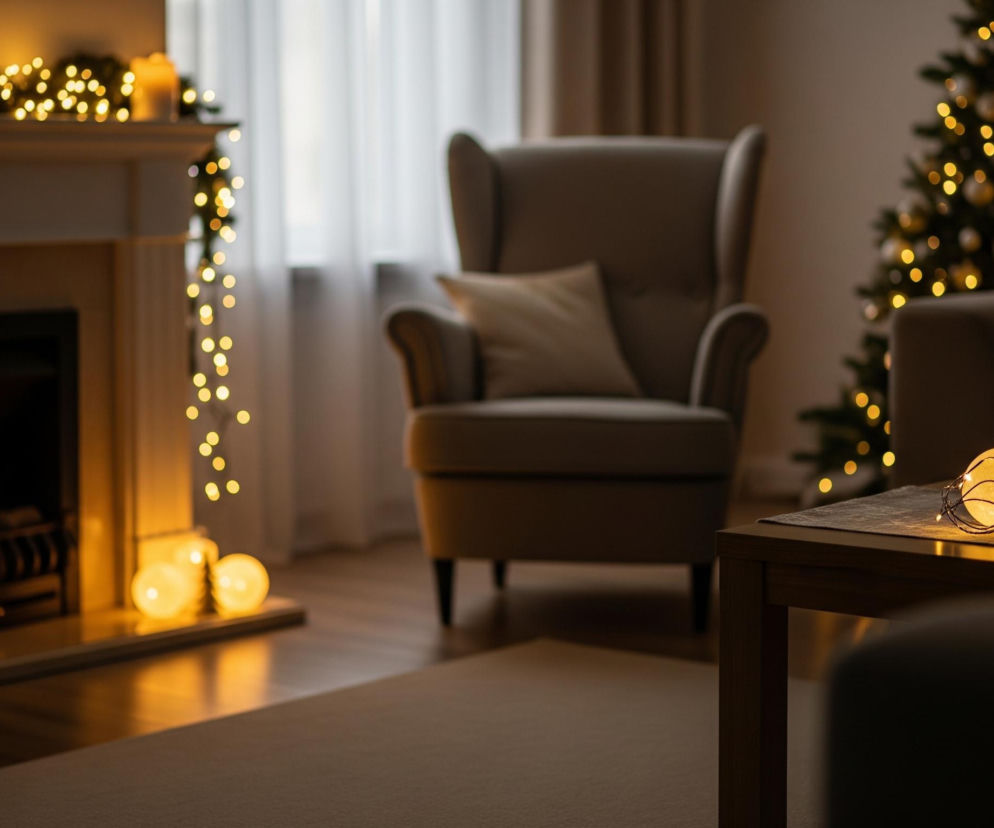 Na pierwszym planie, z prawej strony, znajduje się drewniany stolik z dekoracyjnymi, podświetlonymi kulami oplecionymi cienkim, czarnym drutem. Lewą stronę kadru dominuje jasny kominek, ozdobiony girlandą z jasnych światełek i kilkoma świecami na jego gzymsie, które emitują ciepłe światło. W tle, na środku, widoczny jest beżowy fotel z poduszką, a za nim rozmyte okno z jasnymi zasłonami, po prawej stronie rozświetlona choinka. Podłoga wykonana jest z ciemnego drewna, a na niej leży jasny dywan.