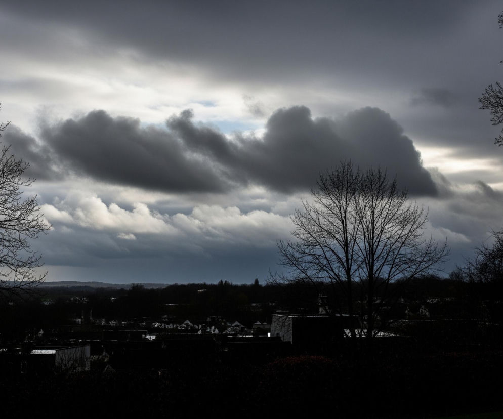 Krajobraz z dominującym zachmurzonym niebem, gdzie ciemne chmury przemieszane są z jaśniejszymi fragmentami, a w centralnej części widoczne jest niewielkie prześwity błękitnego nieba. W górnej części kadru, na pierwszym planie, z lewej i prawej strony oraz w centrum, znajdują się nagie drzewa o rozłożystych, ciemnych gałęziach, bez liści, kontrastujące z jasnością nieba. Poniżej linii drzew rozciąga się ciemny, słabo oświetlony krajobraz miejski lub podmiejski, z widocznymi zarysami budynków o spadzistych dachach, a w tle majaczą zalesione wzgórza. Cała dolna połowa obrazu jest bardzo ciemna, niemal czarna, co potęguje dramatyczny nastrój sceny.