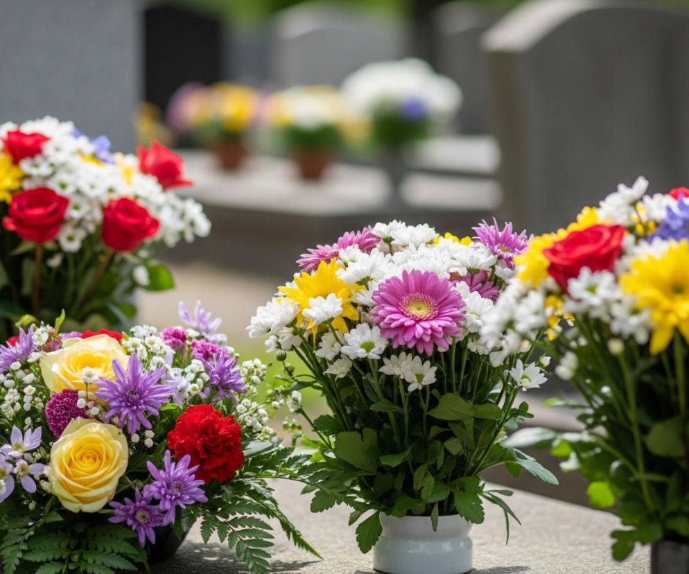 Na pierwszym planie widoczne są trzy bukiety kwiatów o zróżnicowanej kompozycji kolorystycznej, ustawione na szarej, kamiennej powierzchni. Lewy bukiet zawiera żółte róże, czerwone goździki oraz fioletowe i białe drobne kwiaty, z zielonymi liśćmi paproci wystającymi z czarnej doniczki. Środkowy bukiet, umieszczony w białej, ceramicznej wazie, składa się głównie z białych stokrotek, żółtych chryzantem oraz kilku różowych gerber i fioletowych kwiatów. Prawy bukiet, w czarnej doniczce, obfituje w czerwone róże, żółte chryzantemy, białe stokrotki oraz niebieskie i fioletowe akcenty. Tło jest rozmyte, ukazując szare nagrobki i zieloną roślinność, co sugeruje scenerię cmentarza.