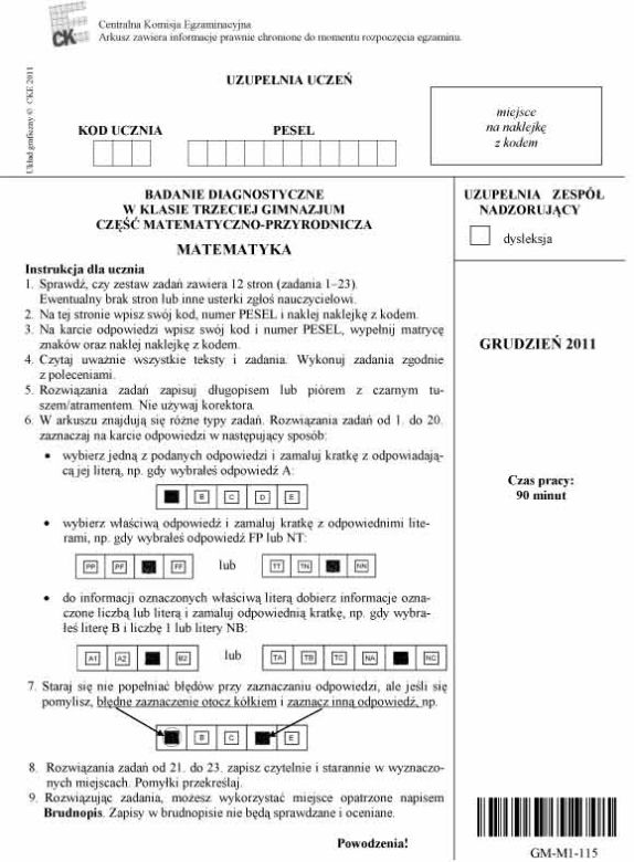 Próbny EGZAMIN GIMNAZJALNY grudzień 2011 - MATEMATYKA: jakie były PYTANIA, ARKUSZE, ODPOWIEDZI, PRZECIEKI