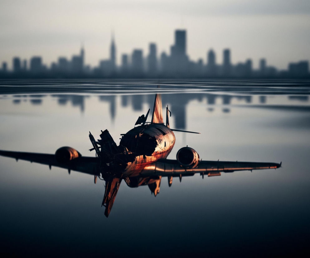 Centralnie na pierwszym planie znajduje się zniszczony wrak samolotu, częściowo zanurzony w wodzie. Kadłub jest rozerwany, z widocznymi wewnętrznymi strukturami i postrzępionymi krawędziami, o rdzawo-miedzianym zabarwieniu wynikającym z oświetlenia. Skrzydła samolotu rozciągają się horyzontalnie, z jednym silnikiem turbinowym widocznym pod prawym skrzydłem. Powierzchnia wody jest gładka i lustrzana, odbijając zamglony horyzont z niewyraźną, ciemną panoramą miasta na tle jasnoszarego nieba, które również odbija się w wodzie. Całość tonie w mrocznej, niebiesko-szarej palecie barw, z ciepłymi akcentami rdzy na zniszczonym samolocie.