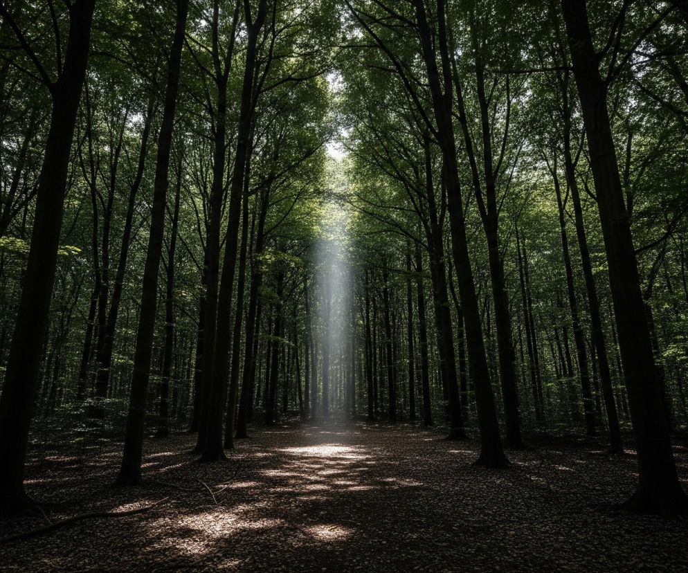 Gęsty las liściasty wypełnia kadr, z wysokimi drzewami o smukłych, ciemnych pniach i rozłożystych koronach pełnych zielonych liści. Pomiędzy drzewami, w centrum obrazu, przebija się pionowy, jasny snop światła, tworząc wyraźną smugę. Dolna część lasu jest zacieniona, a podłoże pokrywają ciemne liście, na których gdzieniegdzie widać rozproszone plamy światła.