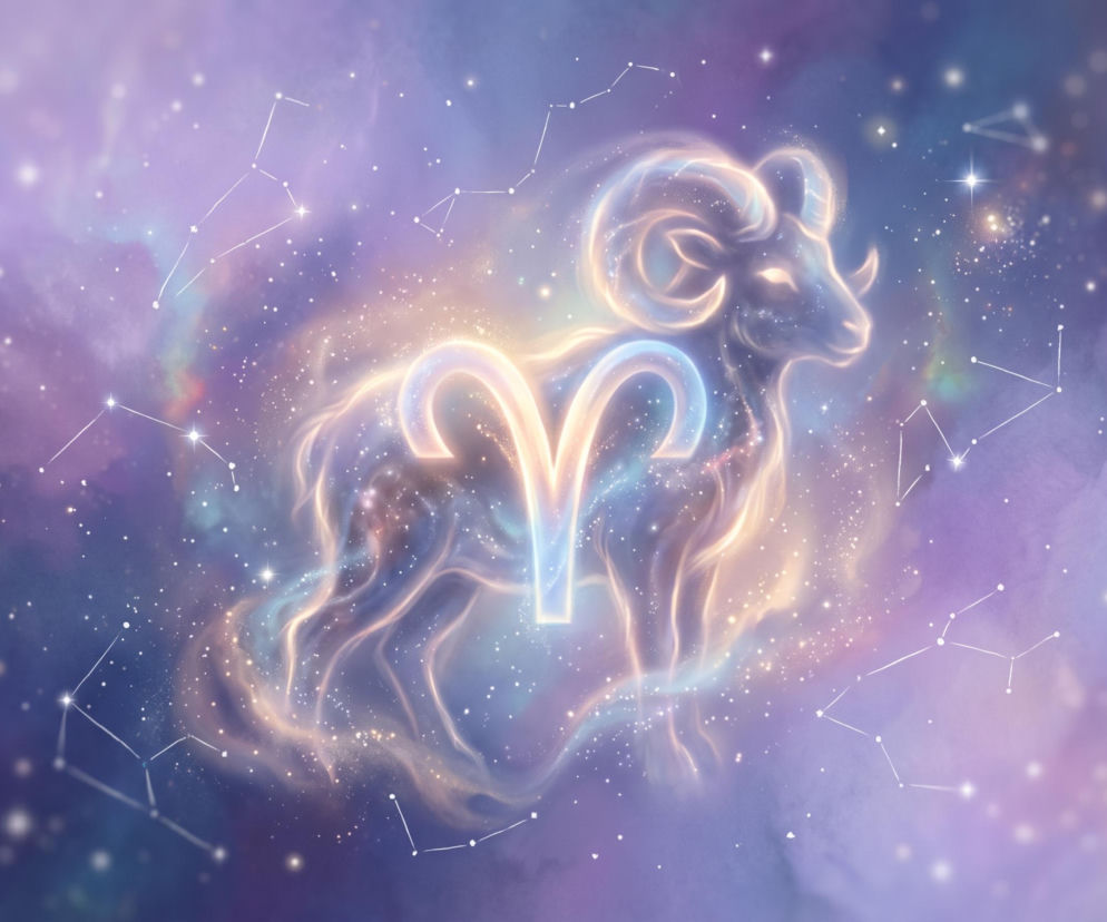 Znak zodiaku Baran na tle gwieździstego nieba z symbolem Barana. Horoskop dzienny znajdziesz na Eska.