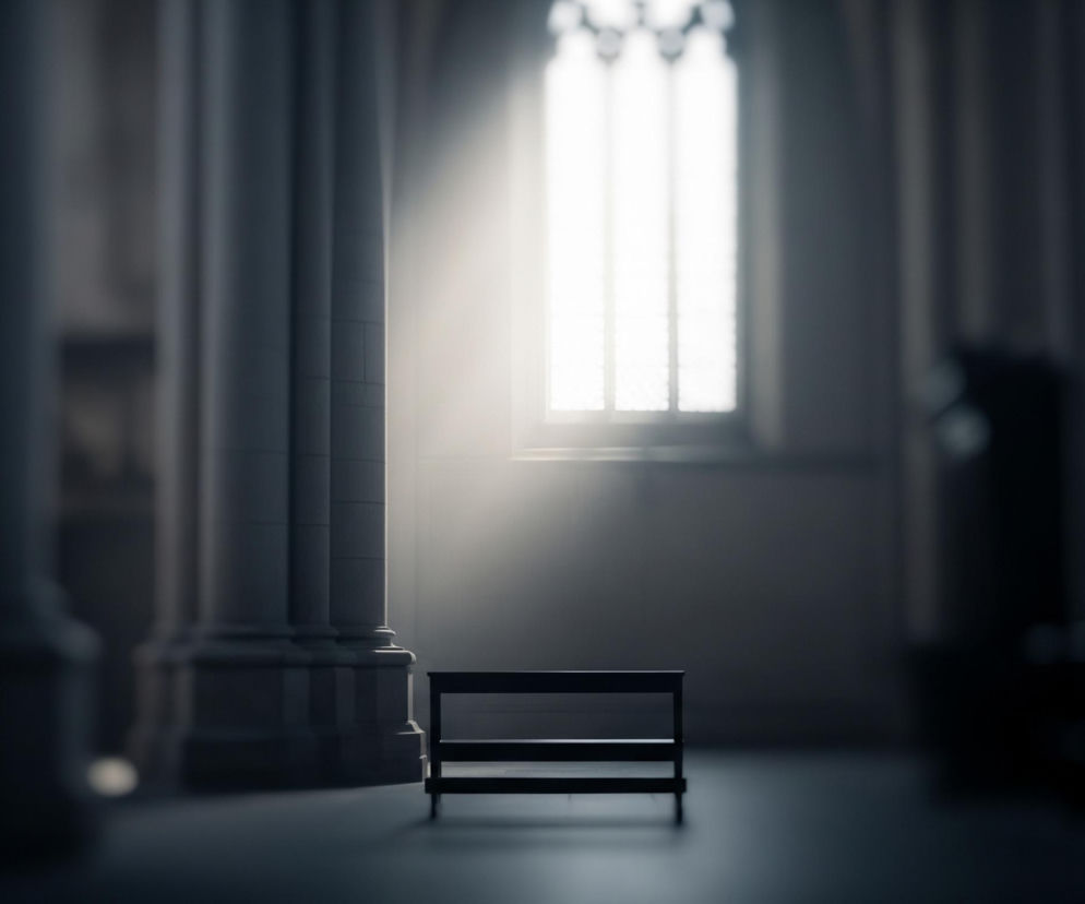 Centralnie na dole obrazu stoi mały, ciemny klęcznik, zwrócony frontem do widza, z dwoma poziomymi poprzeczkami. Po lewej stronie klęcznika widoczny jest masywny, jasnoszary filar o profilowanym cokole i pionowych żłobieniach, częściowo oświetlony. Zza filara w prawą stronę, skośnie w dół, pada smuga intensywnego, jasnego światła, pochodząca z wysokiego, prostokątnego okna z kratami, znajdującego się w prawym górnym rogu obrazu. Tło jest ciemne i rozmyte, ukazując kolejne kolumny i architektoniczne detale, tworząc wrażenie głębi w dużym pomieszczeniu.