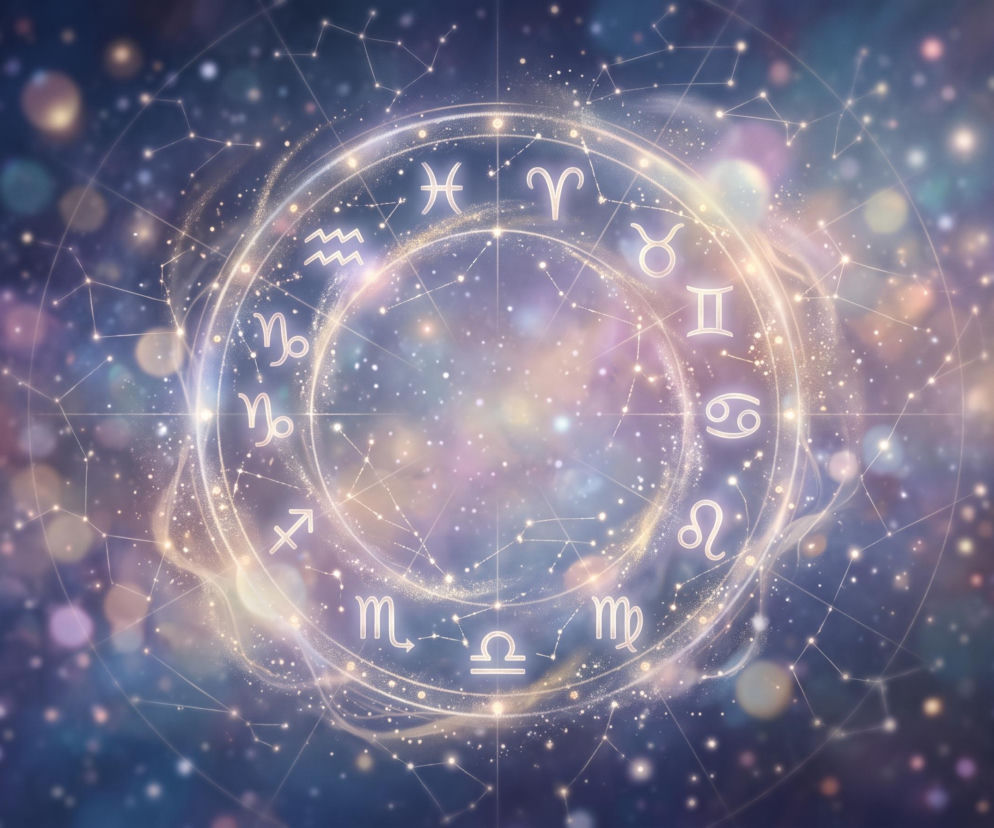 Świetlisty krąg z symbolami zodiaku na tle kosmosu. O horoskopie dziennym i energii Księżyca przeczytasz na VOX FM.