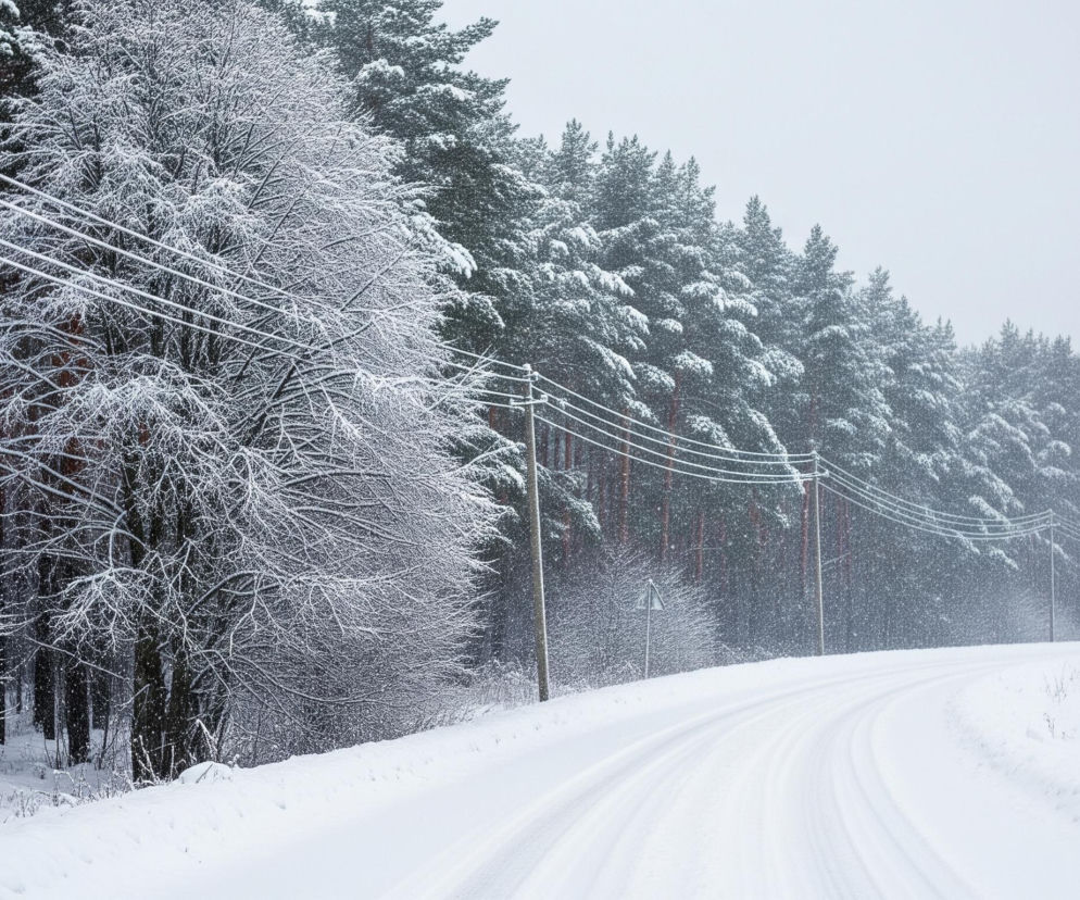 Zasypana śniegiem droga biegnie łagodnym zakrętem w prawo, zajmując dolną część kadru. Jej powierzchnia jest pokryta białą warstwą śniegu, a widoczne są ślady opon w postaci dwóch równoległych, ciemniejszych pasów. Po lewej stronie drogi rozciąga się głęboki, zaśnieżony rów, za którym wznosi się linia drzew, głównie sosen, pokrytych białym puchem.

Wzdłuż tej strony, nieco przed lasem, stoją słupy energetyczne z pięcioma poziomymi liniami przewodów, również oprószonymi śniegiem, które giną w oddali. Na tle sosen wyróżniają się bezlistne drzewa i krzewy gęsto oszronione, ich gałęzie tworzą skomplikowane wzory. Prawa strona drogi również graniczy z zaśnieżonym terenem, a dalej rozciąga się rzadki las z widocznymi brzozami. Cały obraz pokrywa delikatnie padający śnieg, widoczny jako drobne, białe punkty na ciemniejszych obszarach. Niebo jest jednolicie jasnoszare, co sugeruje pochmurny, zimowy dzień.