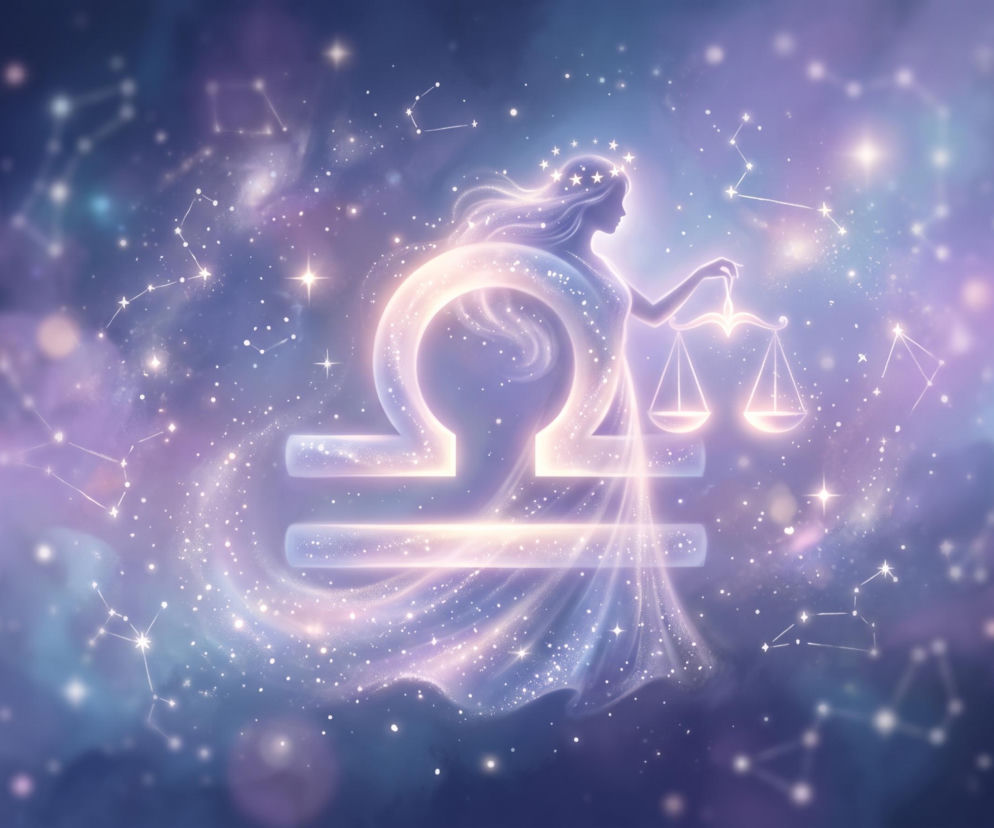 Świecący symbol znaku zodiaku Wagi na tle kosmosu. O horoskopie dziennym dla Wagi przeczytasz w serwisie Eska.