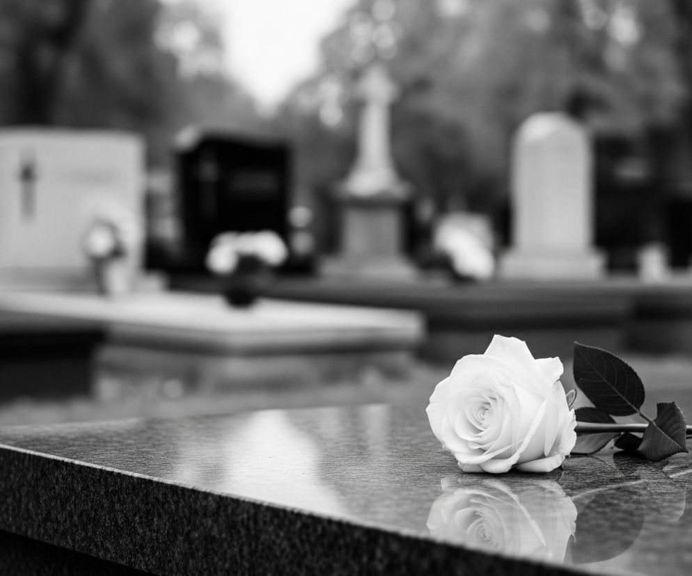 Na pierwszym planie leży pojedyncza, jasna róża, z widoczną łodygą i kilkoma liśćmi, na gładkiej, ciemnej powierzchni kamiennego blatu. Powierzchnia blatu odbija delikatnie światło i częściowo lustrzane odbicie kwiatu. Tło jest rozmyte i ukazuje szereg nagrobków oraz drzew, tworząc scenę cmentarza w czarno-białej tonacji.
