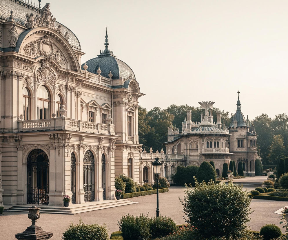 Ekspozycja przedstawia okazały, barokowy pałac o jasnej elewacji, dominujący po lewej stronie kadru, z bogatymi zdobieniami architektonicznymi, rzeźbami i kopułowymi dachami. Przed pałacem rozciąga się rozległy, starannie utrzymany ogród w stylu francuskim z geometrycznie przyciętymi krzewami, alejkami wysypanymi żwirem i licznymi elementami ozdobnymi, takimi jak kamienne donice i posągi. W tle widoczny jest bujny las, a niebo jest jasne i bezchmurne.