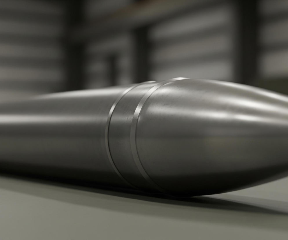 Na pierwszym planie leży poziomo podłużny, cylindryczny obiekt o metalicznej, szarej barwie, zwężający się ku prawemu końcowi w stożek. Na jego powierzchni widoczne są dwa wąskie, jaśniejsze pasy, biegnące wokół obwodu w środkowej części. Obiekt rzuca subtelny cień na jednolitą, szaro-zieloną powierzchnię, na której leży. Tło jest rozmyte, ukazując niewyraźne, ciemniejsze kształty z jaśniejszymi smugami światła w górnej części.