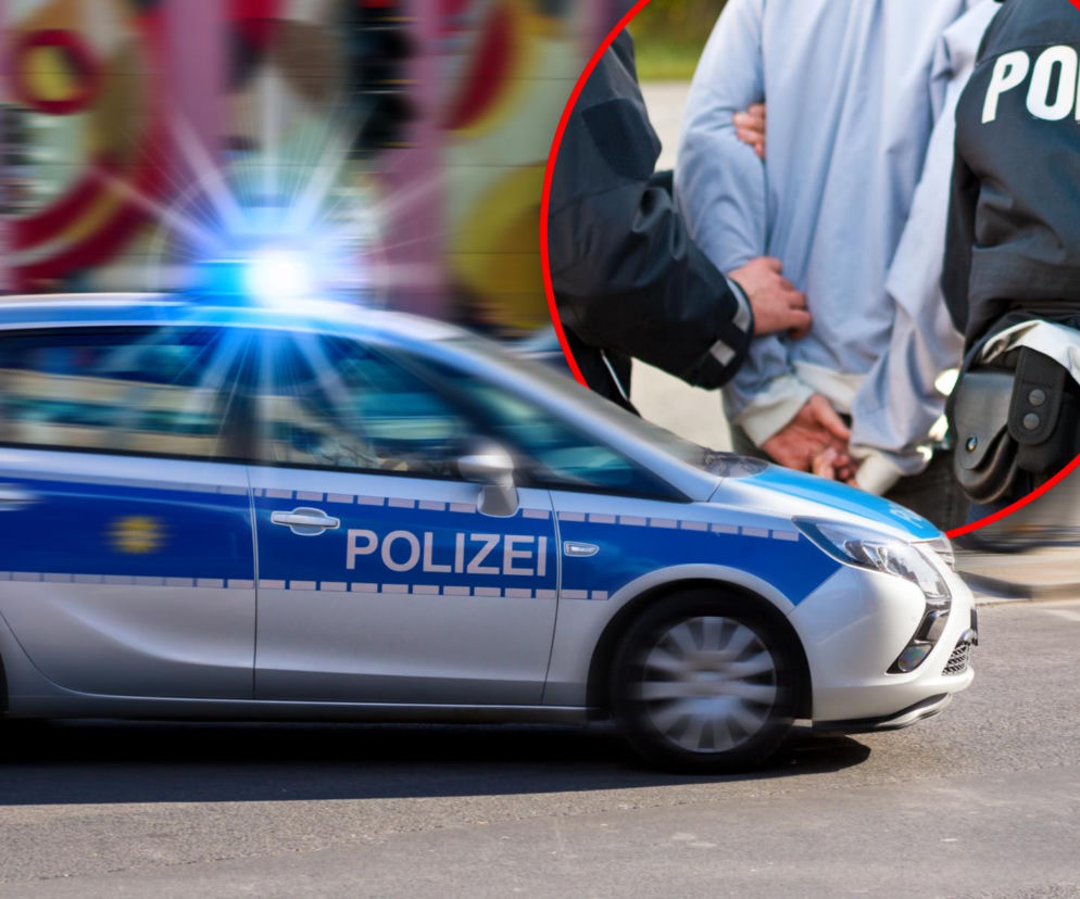 Radiowóz niemieckiej policji na sygnale. Na miniaturze zatrzymanie mężczyzny przez funkcjonariuszy. Czytaj na Eska.