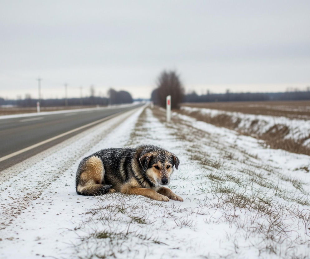 Duży pies o brązowo-czarnej sierści, przysypanej szronem lub śniegiem, leży na poboczu pokrytej śniegiem drogi. Obok asfaltowej drogi biegnie pas śniegu, częściowo zabrudzony ziemią i trawą, rozciągający się w głąb pola. W tle widać długą, prostą drogę z polami po obu stronach, na horyzoncie zamykają ją ciemne sylwetki drzew pod szarym, zachmurzonym niebem.