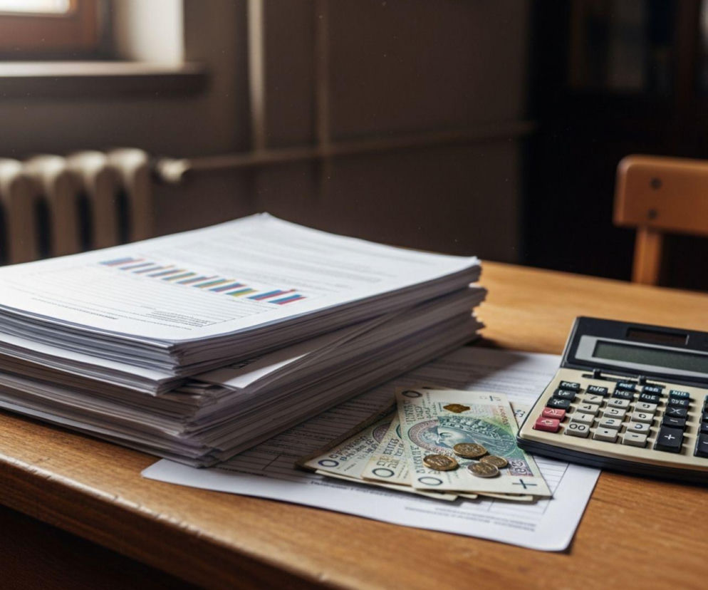 Stos dokumentów z wykresami, banknoty, monety i kalkulator na drewnianym biurku symbolizujące nowe zasady dopłat dla rolników od 2026 roku. Więcej informacji na ten temat znajdziesz na Super Biznes.