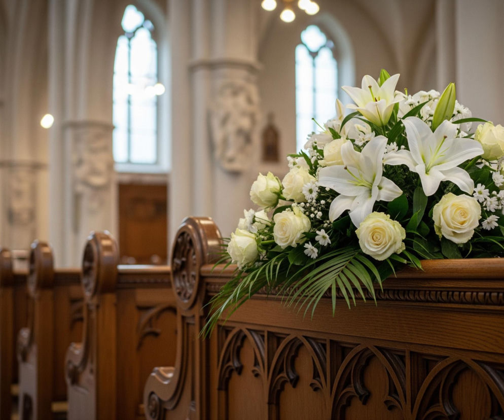 Na pierwszym planie, po prawej stronie, leży bukiet białych kwiatów, głównie lilii i róż, ozdobiony zielonymi liśćmi i drobnymi białymi kwiatami, na drewnianej, rzeźbionej ławce kościelnej. Ławka jest w kolorze ciemnego brązu, z widocznymi detalami w postaci ostrołukowych zdobień. W tle rozciąga się wnętrze kościoła z rzędami drewnianych ławek, które stają się coraz bardziej rozmyte w oddali. Wysokie, łukowate okna wpuszczają światło do wnętrza, a ściany i kolumny są jasne, kremowe, co tworzy stonowaną paletę barw.