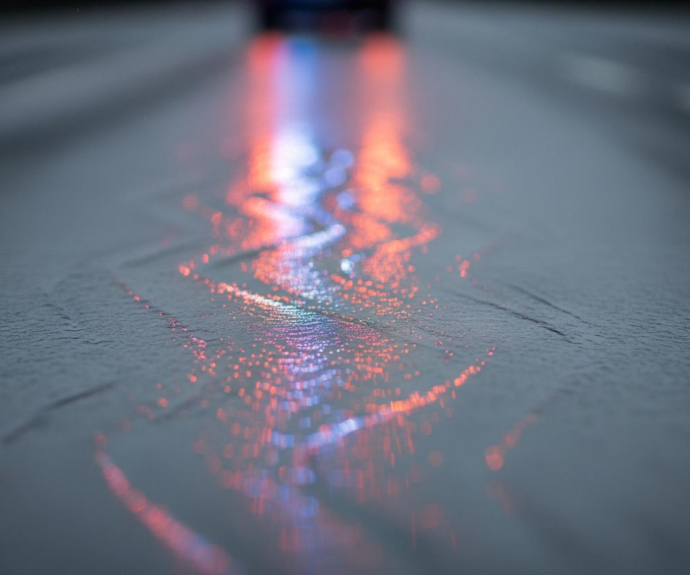 Mokra asfaltowa nawierzchnia ulicy, widoczna z niskiej perspektywy, pokryta jest odbiciami świateł w odcieniach czerwieni i błękitu, tworząc rozmyte smugi i punkty. W centralnej części obrazu, na mokrej drodze, biegną równoległe, falujące linie jasnych odbić światła. Górna część kadru jest ciemniejsza i bardziej rozmyta, ukazując niewyraźny zarys jadącego pojazdu, natomiast dolna część skupia się na teksturze mokrego asfaltu z delikatnymi zmarszczkami wody.