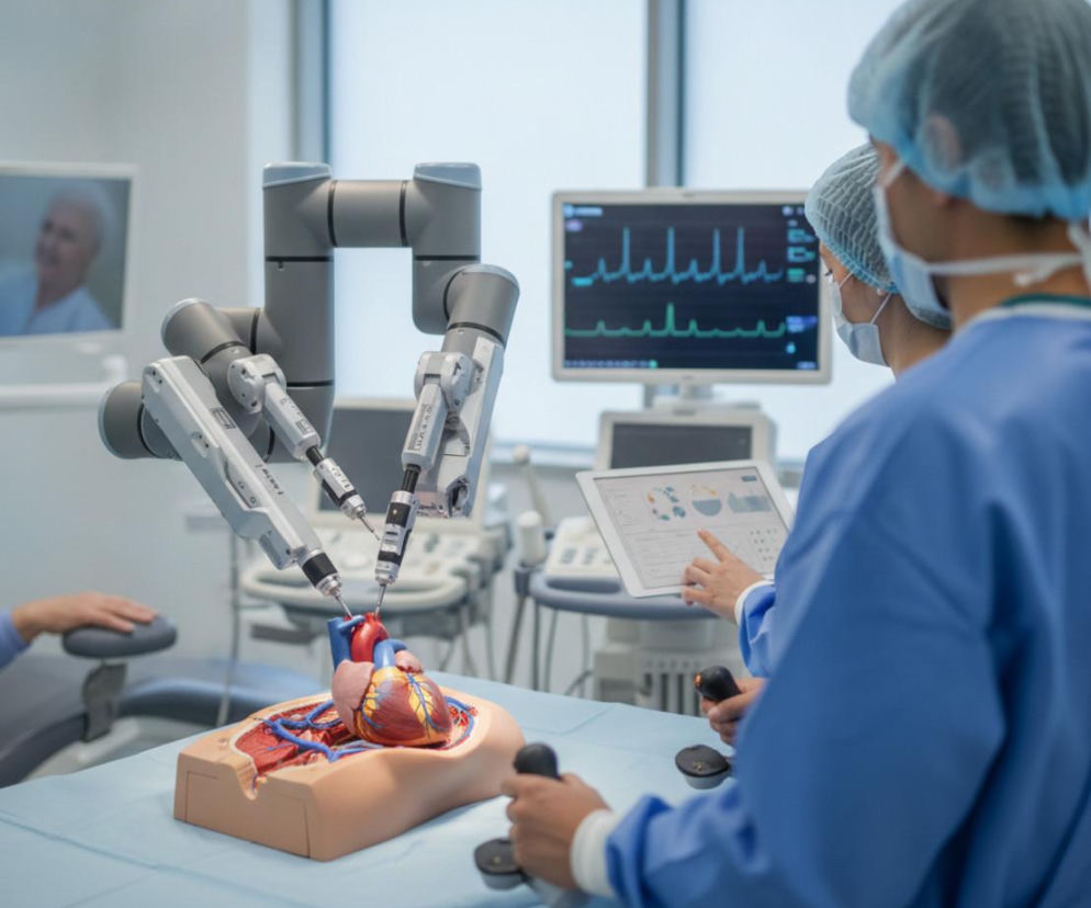 Lekarz steruje ramionami robota nad modelem serca. O certyfikacji robotyki medycznej przeczytasz na Poradnik Zdrowie.