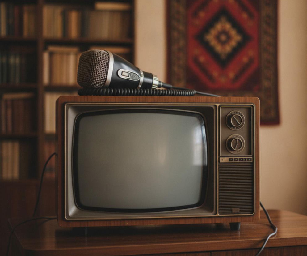 Stary telewizor z mikrofonem na górze w klimacie PRL. O ikonach dawnej telewizji przeczytasz na Eska.