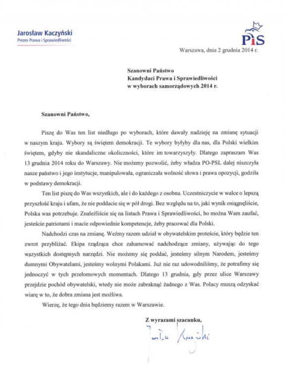 List Kaczyńskiego - marsz 13 grudnia