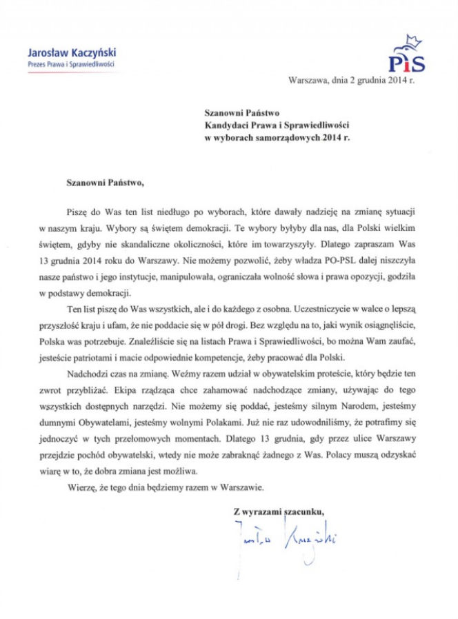 List Kaczyńskiego - marsz 13 grudnia