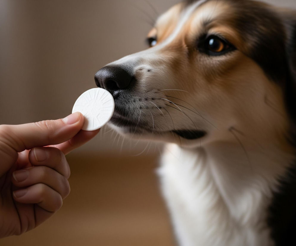 Pies o trójkolorowym umaszczeniu, z ciemnobrązową i białą sierścią na pysku oraz rudymi plamami, wącha biały, okrągły przedmiot, który jest trzymany przez ludzką dłoń. Skóra dłoni ma jasny, cielisty odcień, a palce delikatnie ściskają krawędź przedmiotu, który posiada delikatne, promieniście rozchodzące się wzory na powierzchni. Pysk psa jest wyraźnie widoczny, z czarnym nosem i wąsami, a jego prawe oko, o brązowej tęczówce, spogląda w prawą stronę obrazu, poza kadr. Tło jest rozmyte, w odcieniach beżu i brązu.