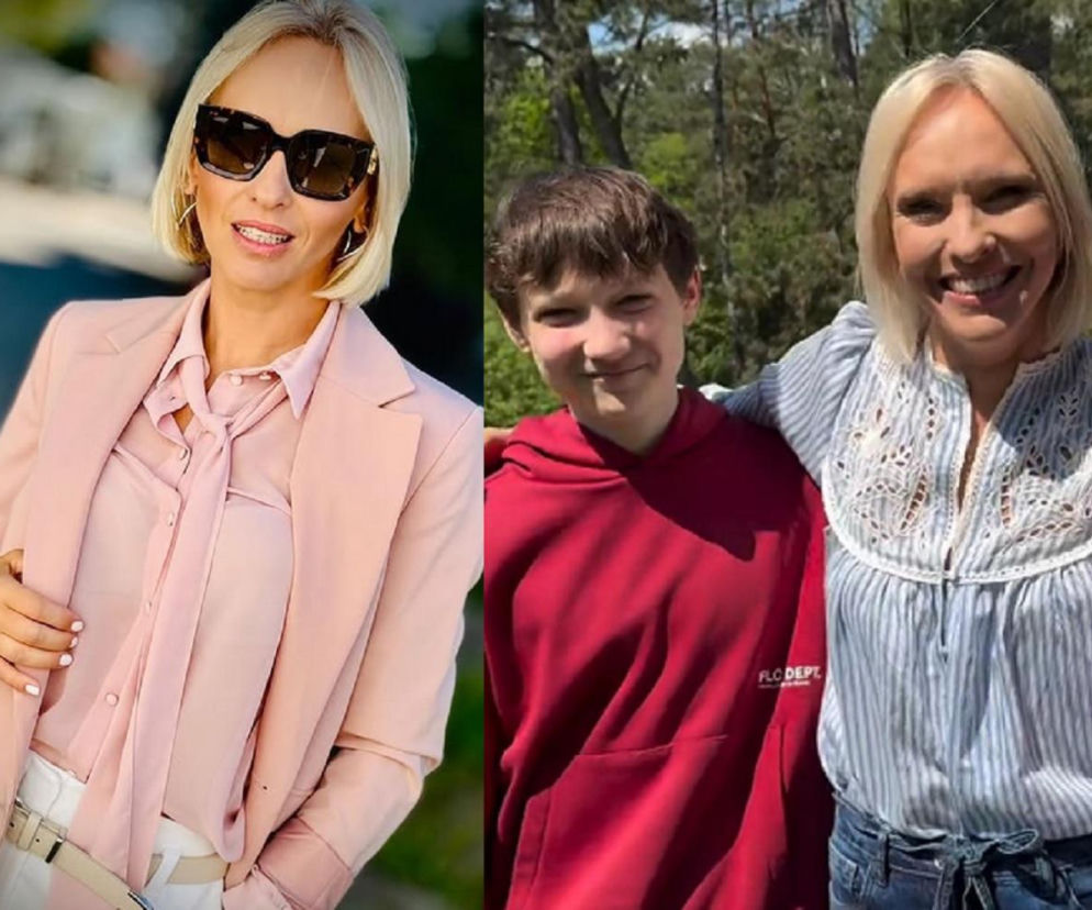 Kolaż przedstawiający Dorotę Lisiecką z serialu M jak miłość. Po lewej stronie Dorota w eleganckim, różowym garniturze i okularach przeciwsłonecznych, po prawej uśmiechnięta Dorota z synem Frankiem na tle zieleni. Fotografie ilustrują, jak Dorota łączy karierę z macierzyństwem, o czym można przeczytać na Super Seriale.