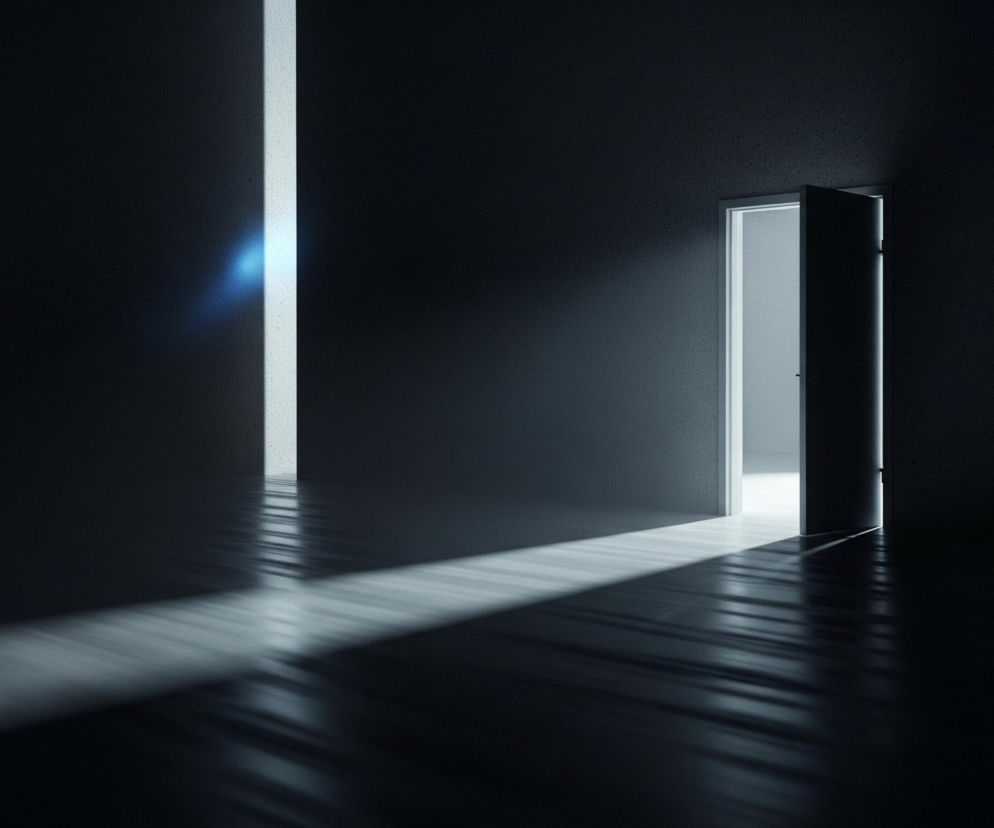 Ciemne pomieszczenie rozświetlone jest dwoma źródłami światła. Po prawej stronie widać otwarte drzwi, przez które wpada jasne światło, tworząc długi cień na podłodze. Na lewej ścianie widoczna jest pionowa, jasna szczelina, z której również wydobywa się światło, rzucając promienistą smugę na podłogę. Obie smugi światła na ciemnej, błyszczącej podłodze, odbijają się, tworząc wrażenie głębi i tekstury.