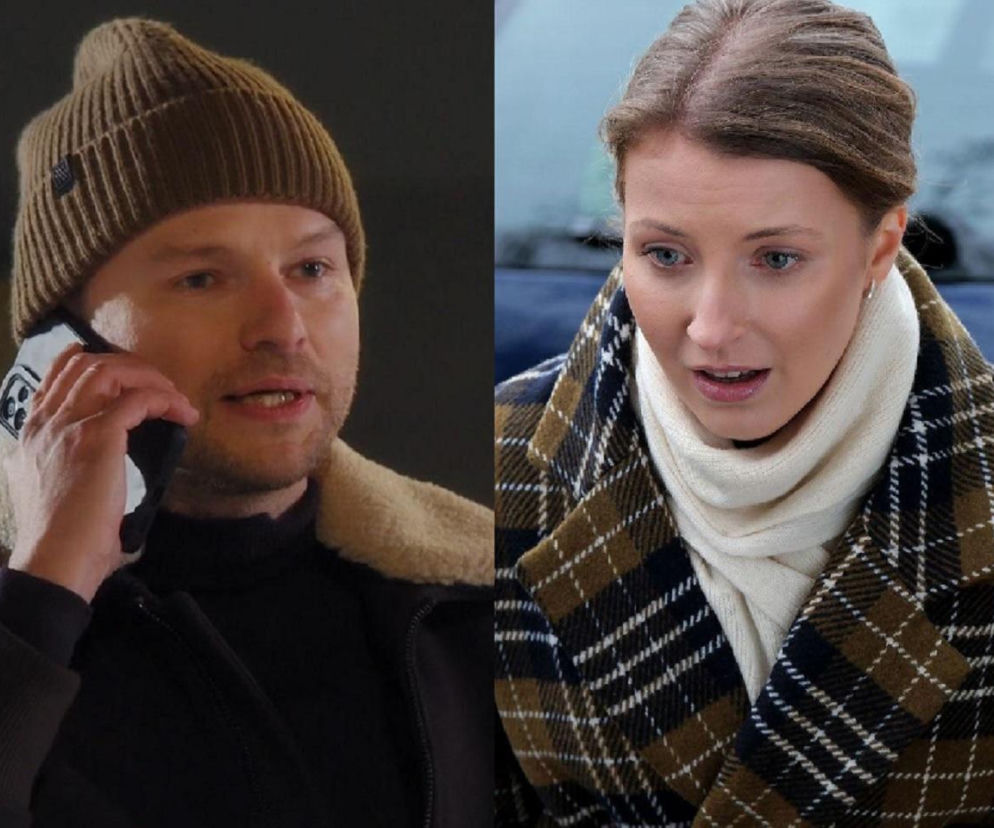 Mikołaj Lipiński rozmawia przez telefon, ubrany w brązową czapkę i kurtkę z futrzanym kołnierzem, obok Natalka Mostowiak w płaszczu w kratę i jasnym szaliku. Fabuła z odcinka M jak miłość, gdzie Natalka wystawi Mikołaja, dostępna na Super Seriale.