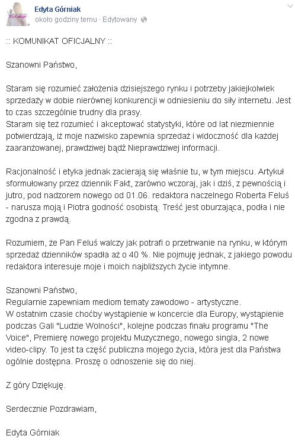 Edyta Górniak oświadczenie
