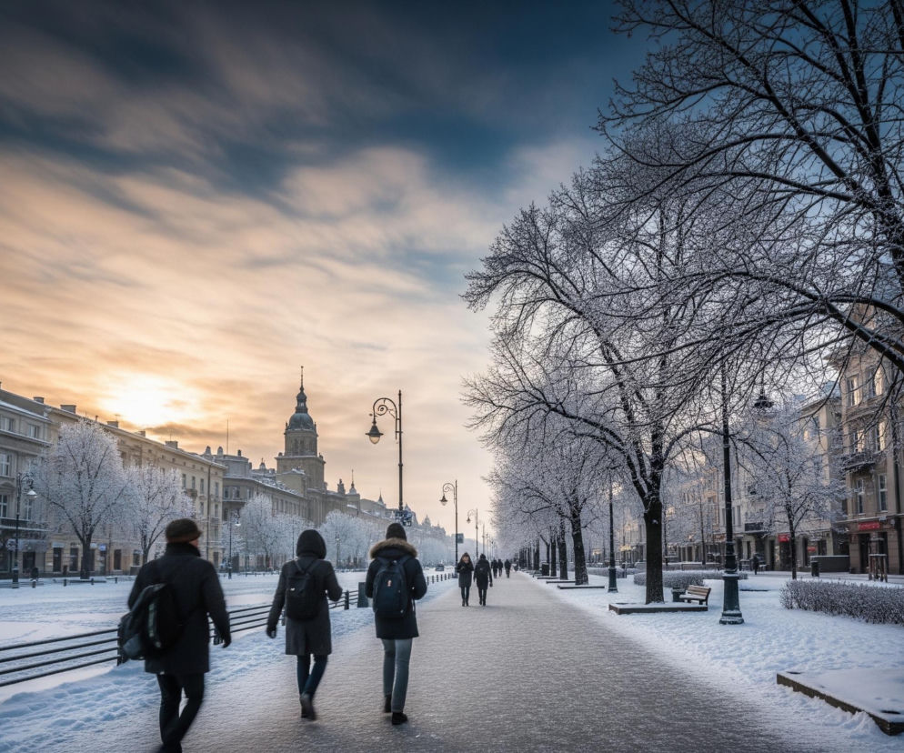 Trzy osoby, ubrane w ciemne zimowe ubrania z plecakami, idą głównym chodnikiem pokrytym cienką warstwą śniegu. Aleja jest otoczona z obu stron ośnieżonymi drzewami i latarniami ulicznymi, tworząc szpaler. W tle widoczne są budynki z jasnymi fasadami, a na horyzoncie z prawej strony wznosi się ciemna wieża z kopułą, ozdobiona złotymi akcentami, zaś niebo nad nimi prezentuje paletę barw od pomarańczowych, przez jasne beże, po błękitne i ciemnoniebieskie odcienie.