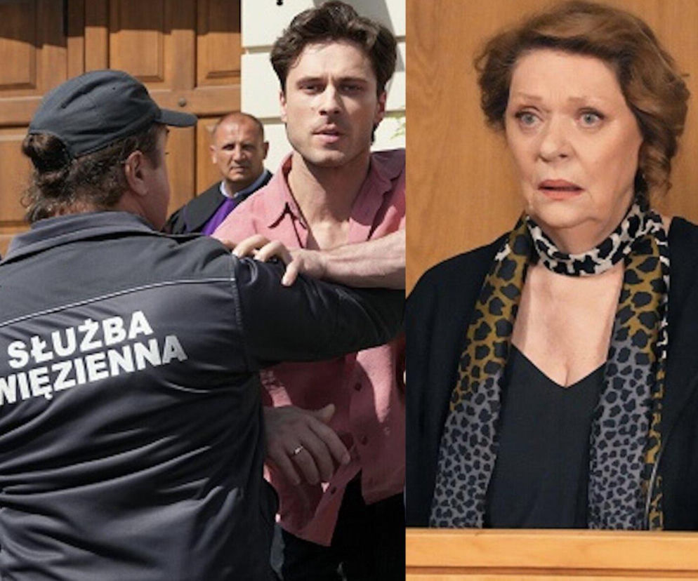 Marcel Opaliński jako Cezary, w różowej koszuli, eskortowany przez funkcjonariusza Służby Więziennej, obok Elżbieta Jaworsik jako Józefina, zaniepokojona. Zdjęcie ilustruje aresztowania w Barwach szczęścia. Więcej o serialu przeczytasz na Super Seriale.