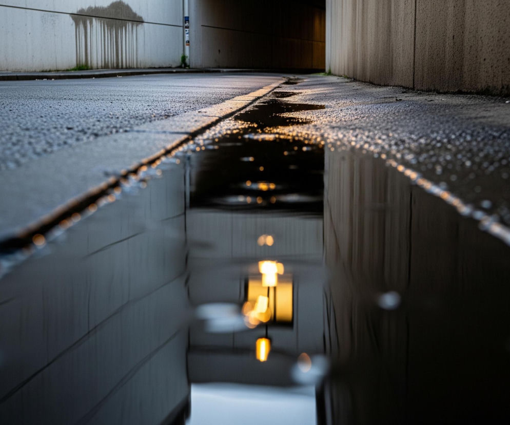 Głównym obiektem jest kałuża wody, zajmująca dolną część kadru i odbijająca światło, tworząc lustrzane odbicie otoczenia. Jasne, pomarańczowe i żółte światła odbijają się w wodzie, tworząc abstrakcyjne formy. Powierzchnia drogi w górnej części kadru jest pokryta drobnymi kroplami wody, co dodaje jej tekstury. Droga prowadzi w głąb ciemnego tunelu, a jej szary kolor kontrastuje z beżowymi, brudnymi ścianami tunelu po obu stronach.