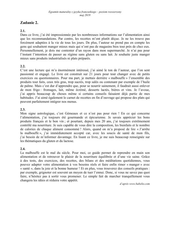 ARKUSZE CKE - Matura francuski - poziom rozszerzony 2019