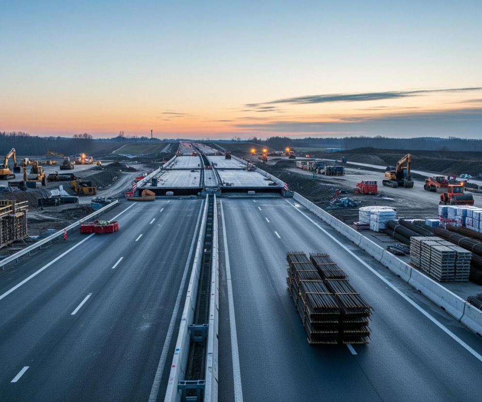 Szeroką, dwupasmową autostradę w budowie, biegnącą przez rozległy plac budowy o zmierzchu. Pośrodku widoczne są dwa pasy ruchu w każdym kierunku, oddzielone betonową barierą, a w tle widać konstrukcje mostowe i liczne ciężkie maszyny budowlane, takie jak koparki i walce, z których niektóre mają włączone światła. Po obu stronach autostrady, na nierównym, szarym terenie, leżą stosy materiałów budowlanych, w tym palety z kostką brukową lub płytkami oraz wiązki prętów zbrojeniowych. Horyzont dominuje pasmo ciemnych drzew, a nad nimi rozpościera się niebo o stopniowo zmieniających się barwach od jasnoniebieskiego na górze do pomarańczowo-różowego przy horyzoncie, z kilkoma rozciągniętymi chmurami.