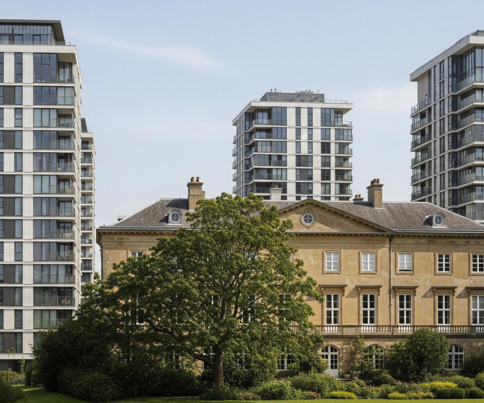 Trzy wieżowce o nowoczesnej architekturze dominują nad niższym, klasycznym budynkiem z jasnej cegły lub kamienia, widocznym na pierwszym planie, otoczonym zielenią. Dwa wysokie budynki po bokach kadru mają jasnoszare i ciemne panele elewacyjne oraz liczne szklane balkony. Trzeci, nieco niższy wieżowiec, stoi za centralnym, zabytkowym budynkiem. Fasada historycznego budynku, z białymi oknami i elementami dekoracyjnymi, jest częściowo zasłonięta przez duże, zielone drzewo. Poniżej, na dole kadru, rozciąga się zielony trawnik z krzewami i roślinami.